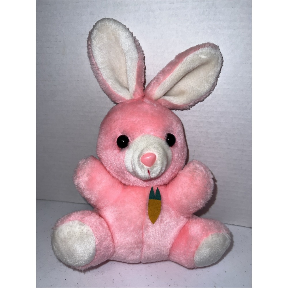 VINTAGE PLUSH Stuffed PINK White BUNNY RABBIT WITH CARROT 10"